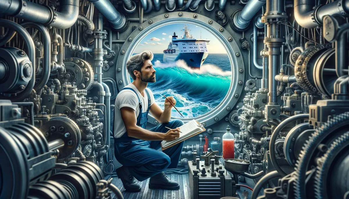 image depicting a marine engineer working on a ship's engine room, surrounded by various tools and equipment, with a view of the ocean in the background