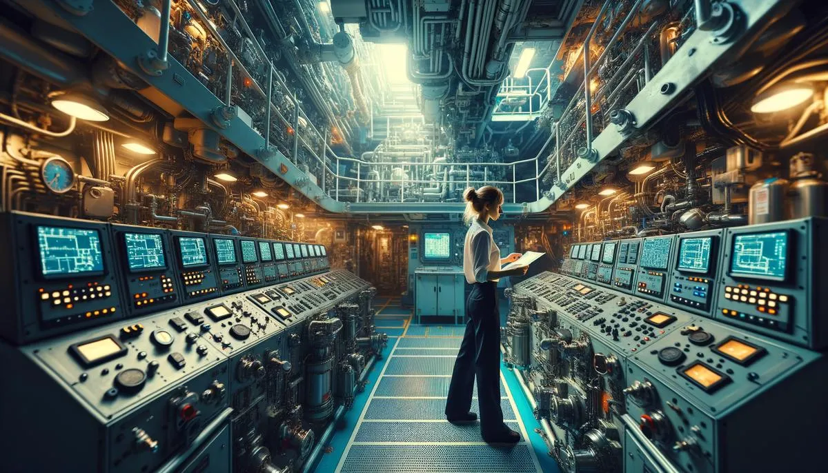 image of a marine engineer working on a ship's engine room, surrounded by technical equipment and tools.