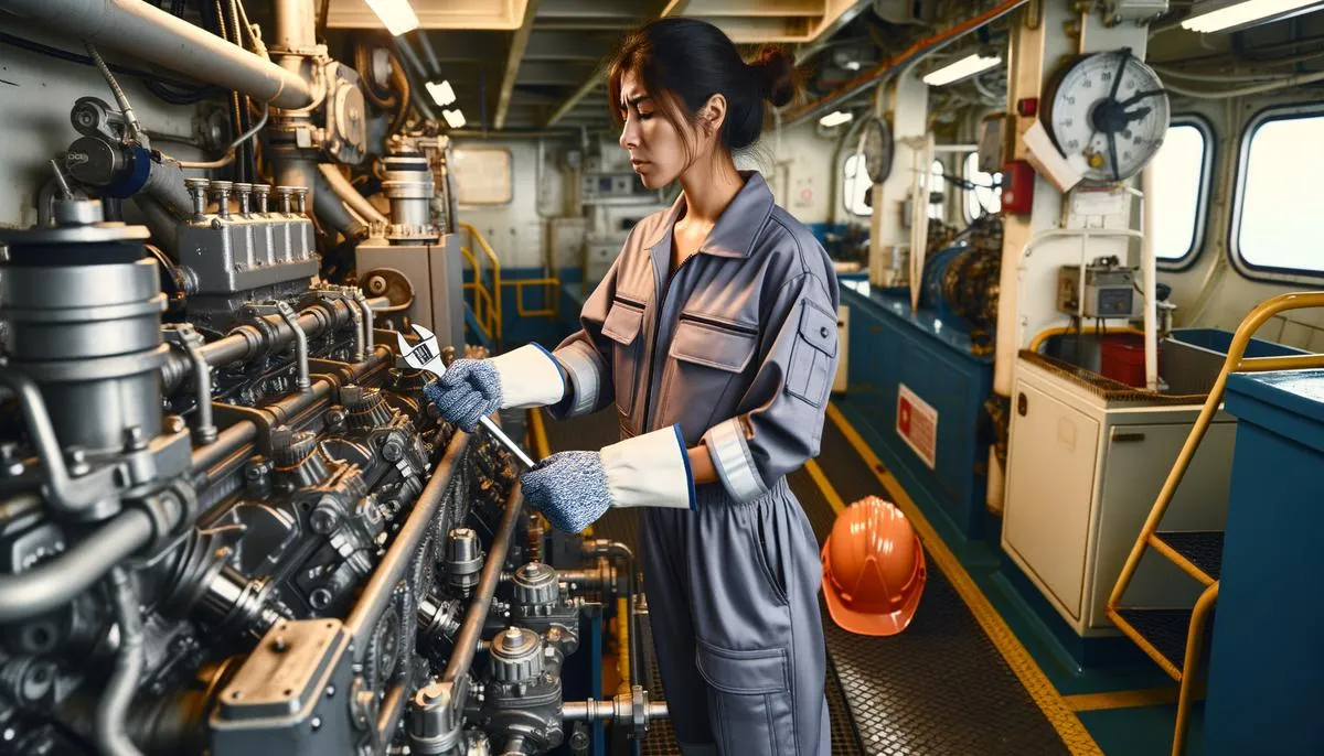 A realistic image showing a person studying various subjects like mathematics, physics, and English in high school to become a marine engineer