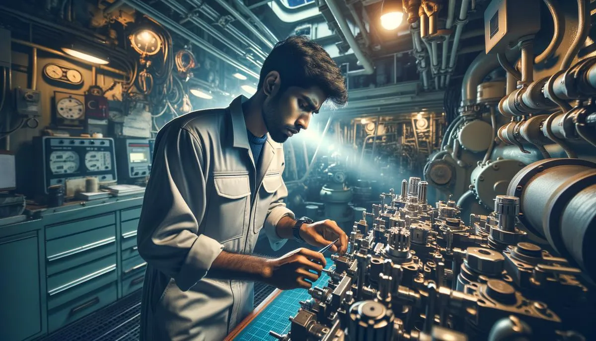 image depicting a marine engineer working on a ship's engine room surrounded by various equipment and tools.